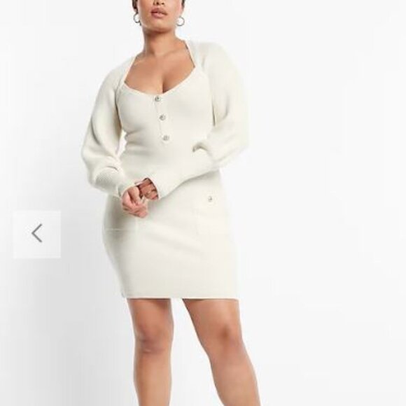 NWT Express Square Neck Balloon Sleeve Novelty Button Mini Sweater Dress - XL - Picture 2 of 4